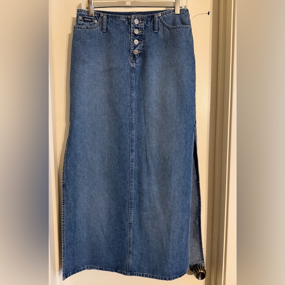 Long denim low rise button front thigh high split both sides skirt sz 5/6 NWT